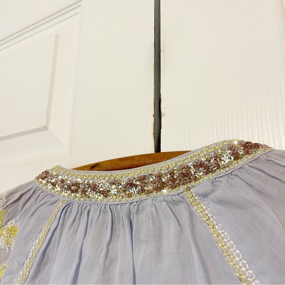 Rose and Rose Cross Stitch Embroidery Blue Top Size Small Short Sleeve Sequins - Picture 10 of 10